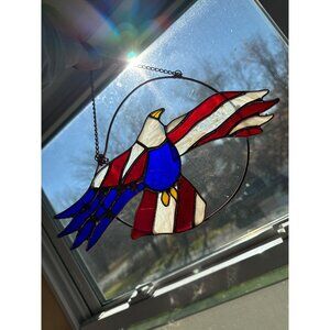 Real Stained Art Glass Patriotic Eagle Suncatcher Copper Frame Chain Americana